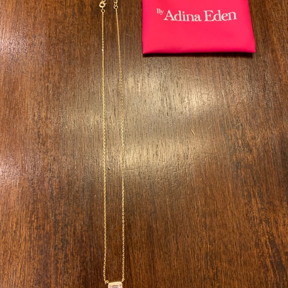 Pave Outlined Baguette Solitaire Pendant Necklace Made From Brass 14K Gold Plt - Picture 3 of 4